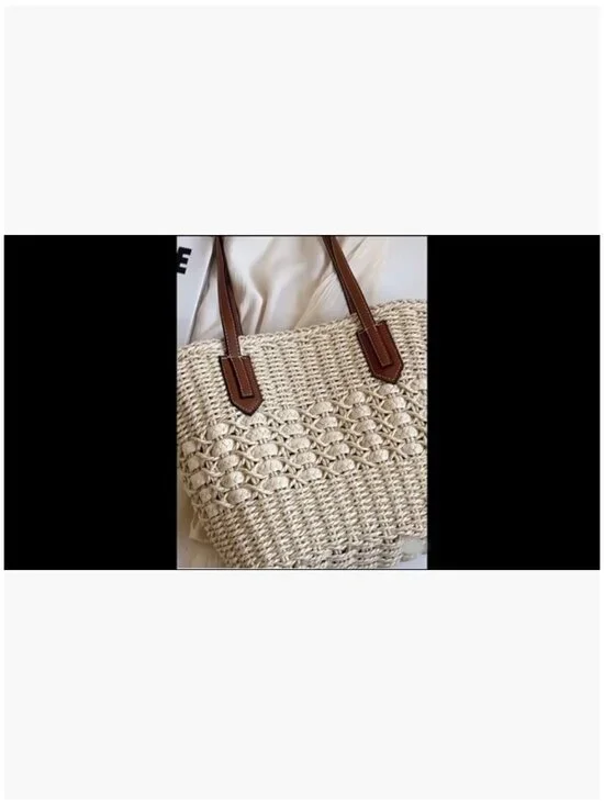 Large Straw Shoulder Bag Woven Tote Travel Handbag Purse - Picture 7 of 7